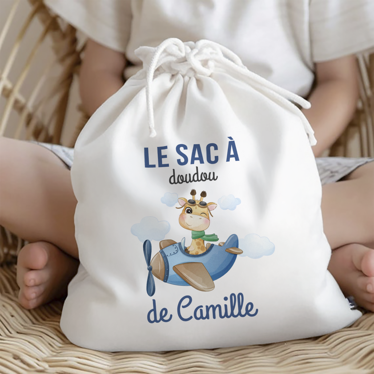 Sac à doudou personnalisable pour enfant avec prénom et motif de girafe
