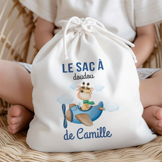 Sac à doudou personnalisable pour enfant avec prénom et motif de girafe