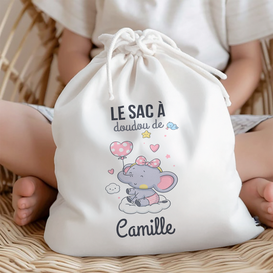Sac à doudou personnalisé Éléphant sur un nuage avec prénom - Idéal enfant à la crèche ou la maternelle