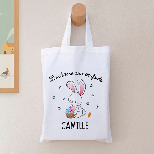 Tote bag enfant 20x25 cm pour Pâques avec prénom et dessin de lapin