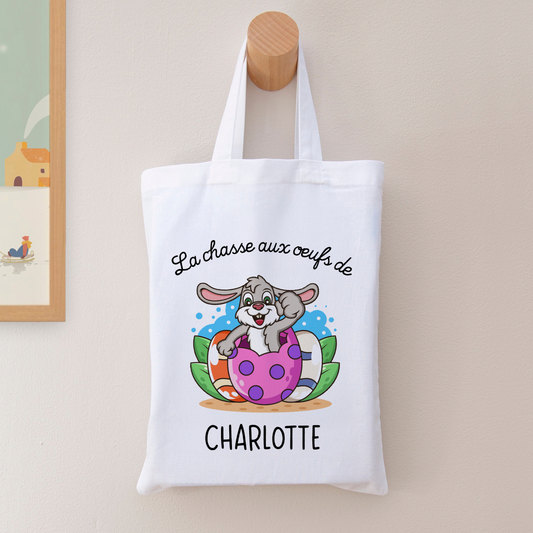 Tote bag enfant 20x25 cm pour Pâques avec prénom et dessin de lapin