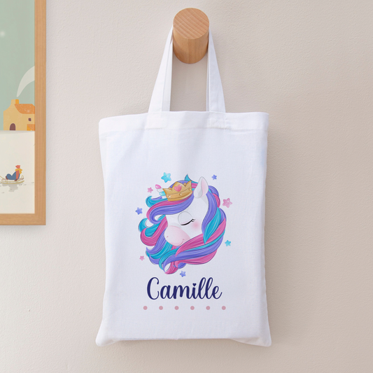 Tote bag pour enfant personnalisé avec prénom et illustration de Licorne Princesse