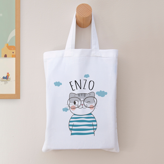 Tote bag personnalisé pour enfant - Petit chat à Lunettes avec prénom