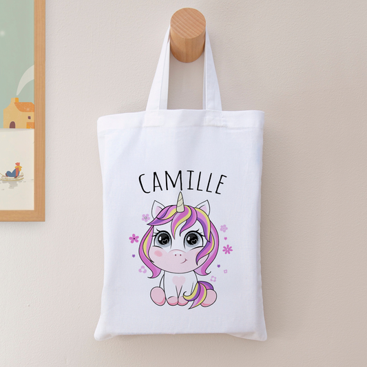 Tote bag pour enfant personnalisé licorne rose avec prénom