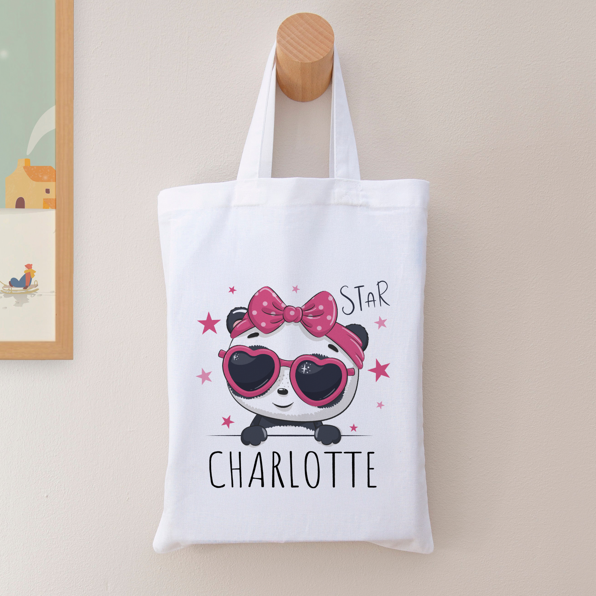 Tote bag personnalisé pour enfant "Panda rose" avec prénom de votre enfant
