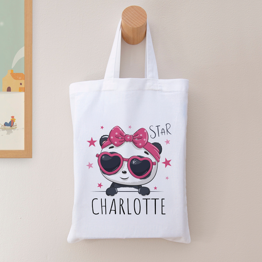 Tote bag personnalisé pour enfant "Panda rose" avec prénom de votre enfant