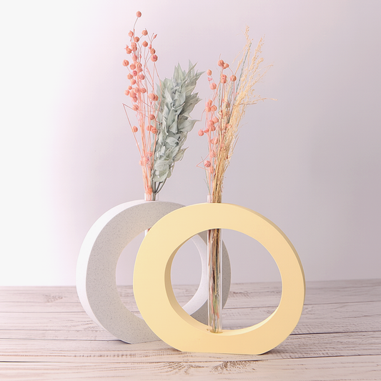 Vase Iris imprimé en 3D, coloris marbre et jaune, avec tube plastique intégré, sans fleurs