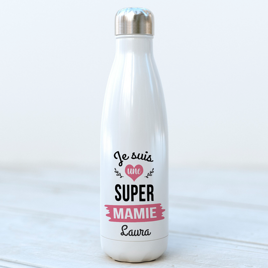 bouteille isotherme personnalisée avec prénom super mamie - idée cadeau anniversaire ou fête des grands-mères
