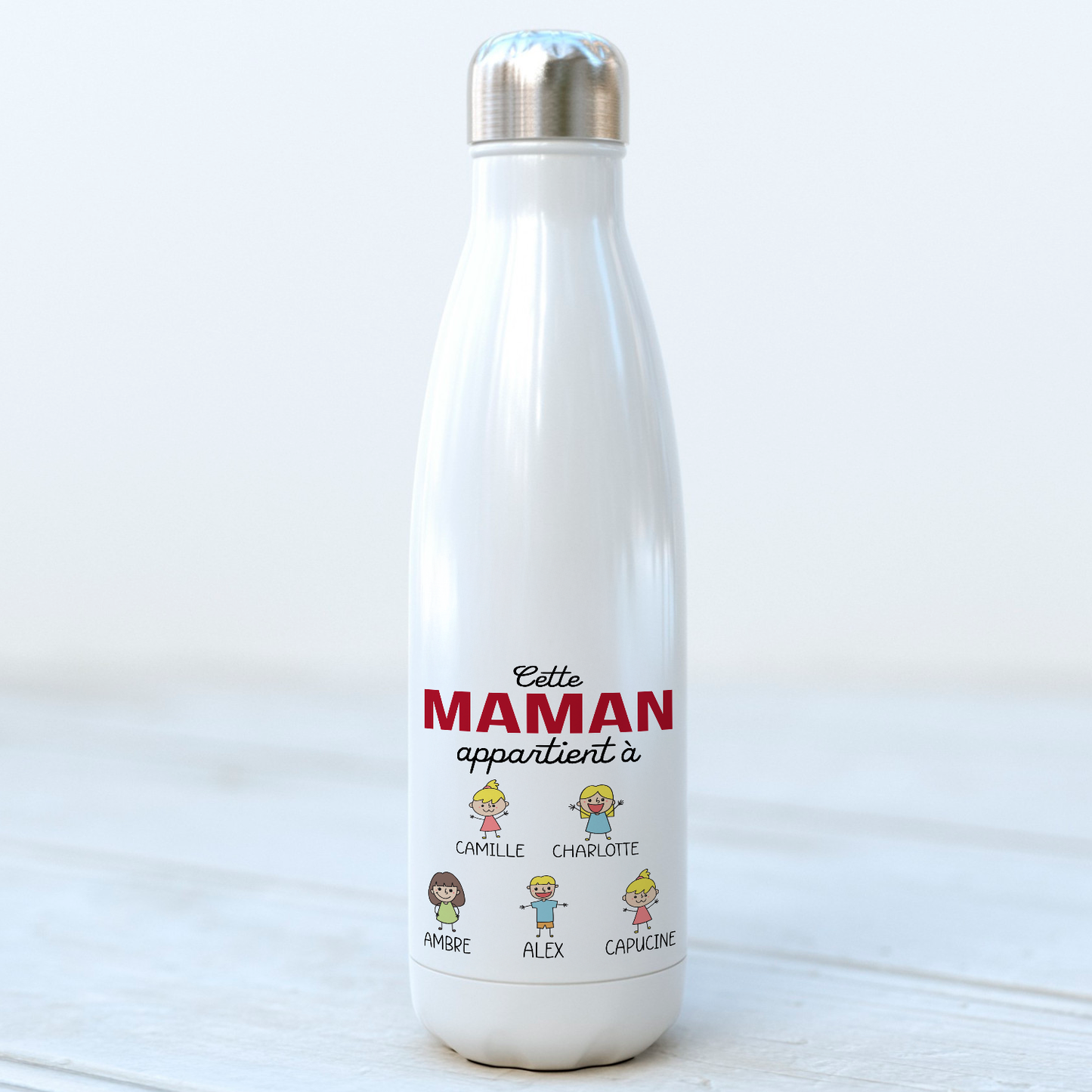 Bouteille isotherme personnalisée Cette maman appartient à avec prénoms et dessins d’enfants – 500 ml