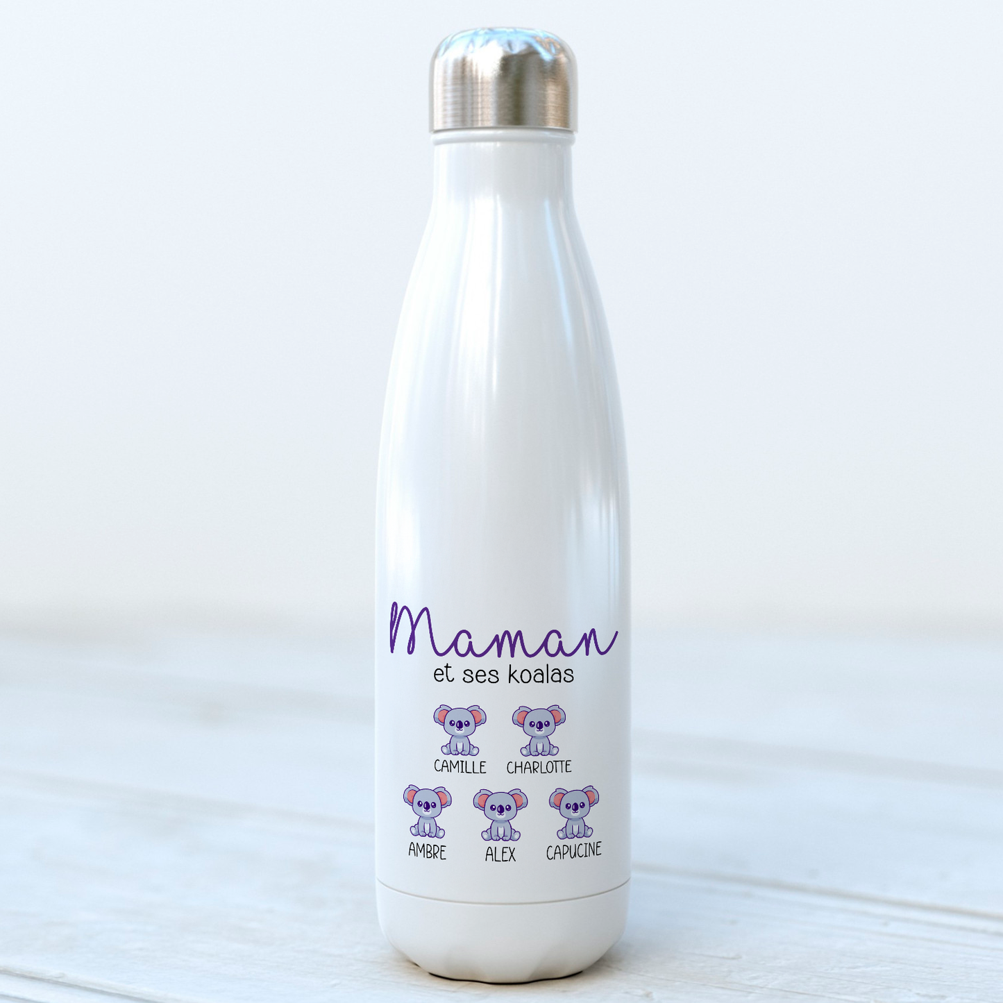 Bouteille isotherme personnalisée Maman et ses koalas avec prénoms et petits koalas violets – 500 ml
