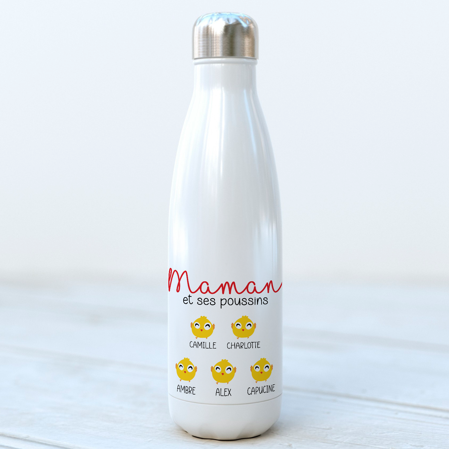 Bouteille isotherme personnalisée Maman et ses poussins avec prénoms et illustrations de poussins jaunes – 500 ml