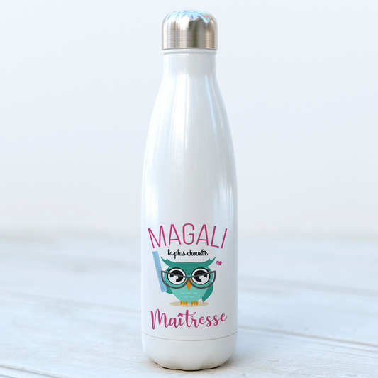 bouteille isotherme thermo personnalisée avec prénom chouette maitresse d'école