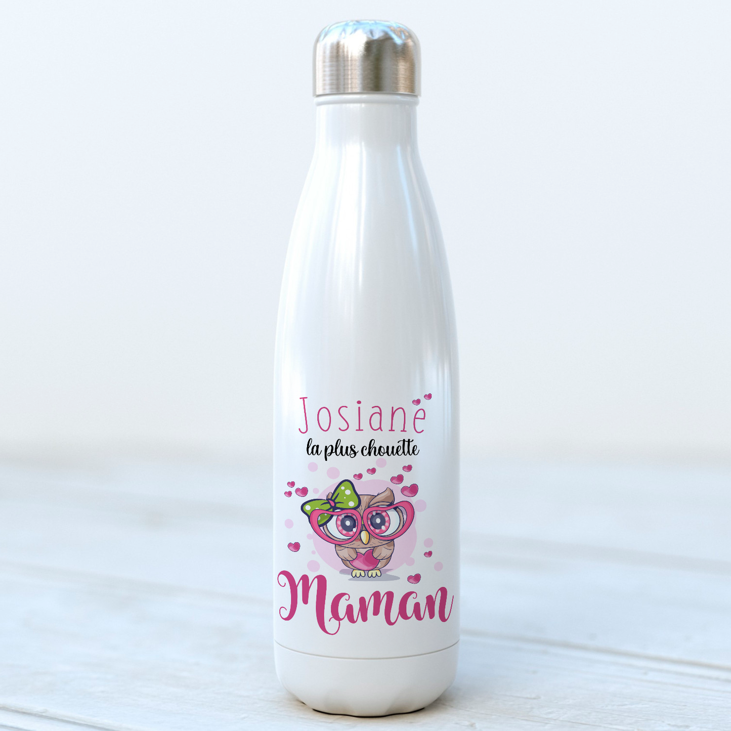 bouteille isotherme personnalisée chouette maman avec prénom