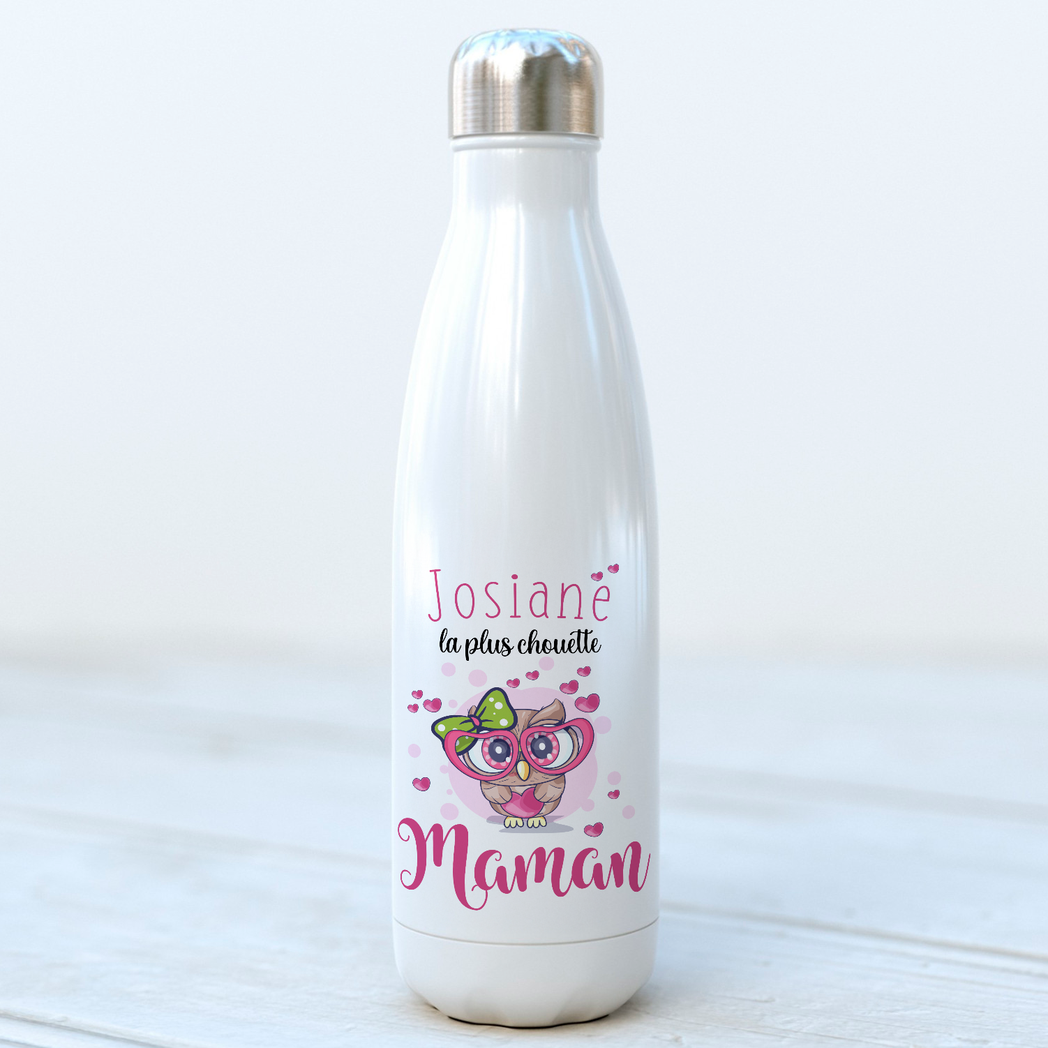 bouteille isotherme personnalisée chouette maman avec prénom
