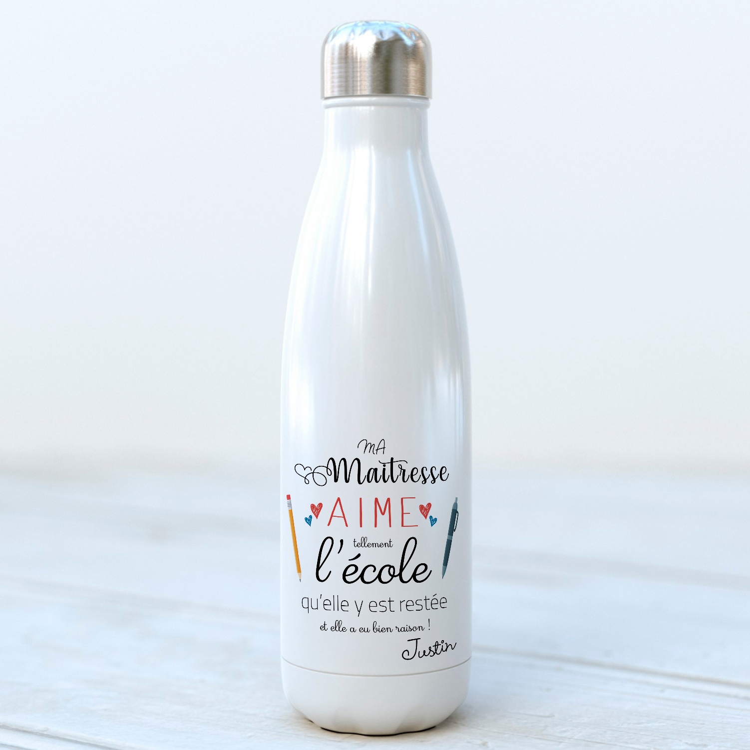 bouteille isotherme thermo cadeau maitresse d'école fin d'année scolaire personnalisée avec prénom