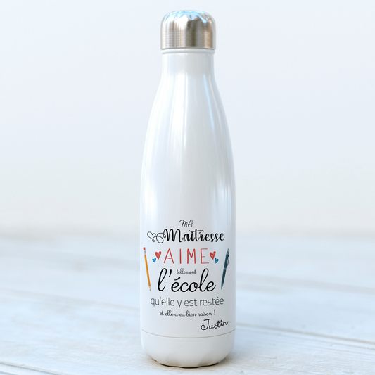 bouteille isotherme thermo cadeau maitresse d'école fin d'année scolaire personnalisée avec prénom