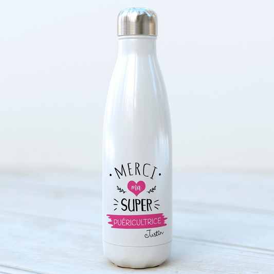 bouteille thermo isotherme meilleur puéricultrice personnalisée prénom. Idée cadeau meilleure puéricultrice