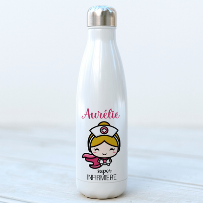 bouteille isotherme personnalisée avec prénom super infirmière 