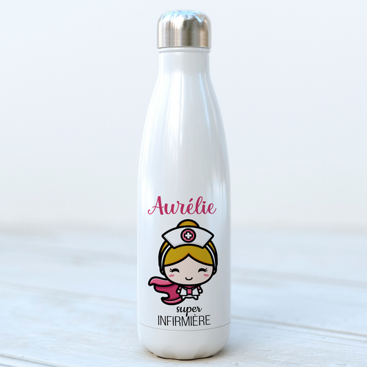 bouteille isotherme personnalisée avec prénom super infirmière 