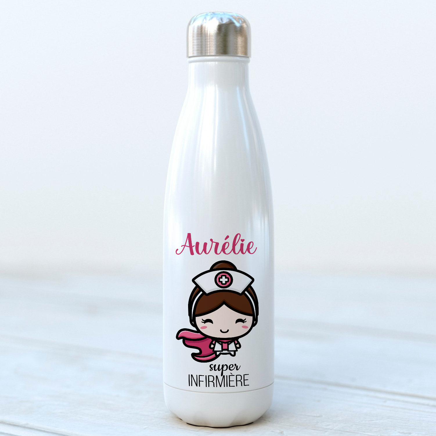 bouteille isotherme 500ml personnalisée avec prénom super infirmière 