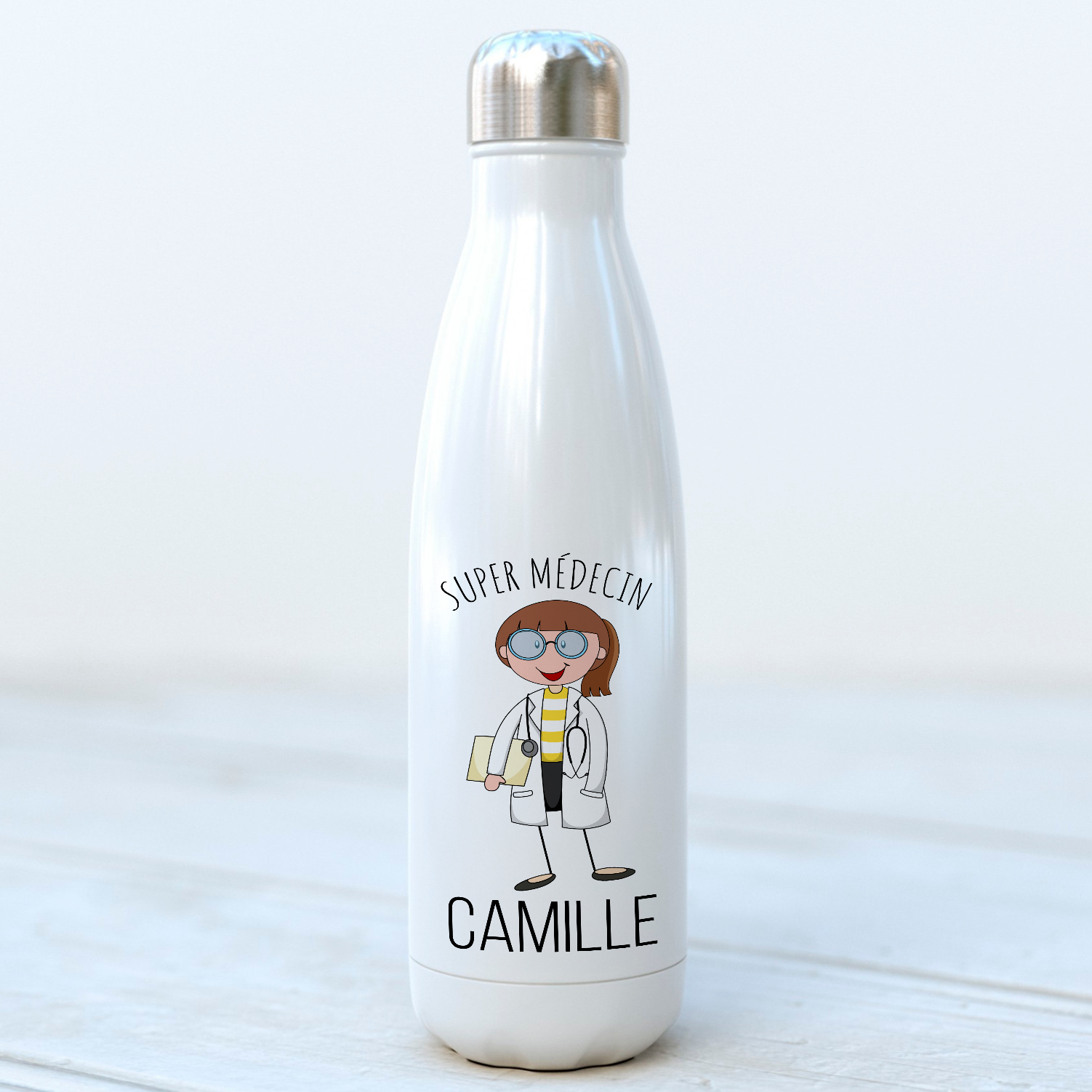 bouteille isotherme personnalisée avec prénom en acier inoxydable pour médecin.