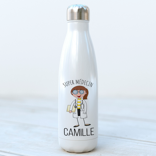 bouteille isotherme personnalisée avec prénom en acier inoxydable pour médecin.