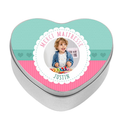 boite à cookie personnalisée photo et prénom. Idée cadeau maîtresse d'école remerciement fin d'année scolaire.