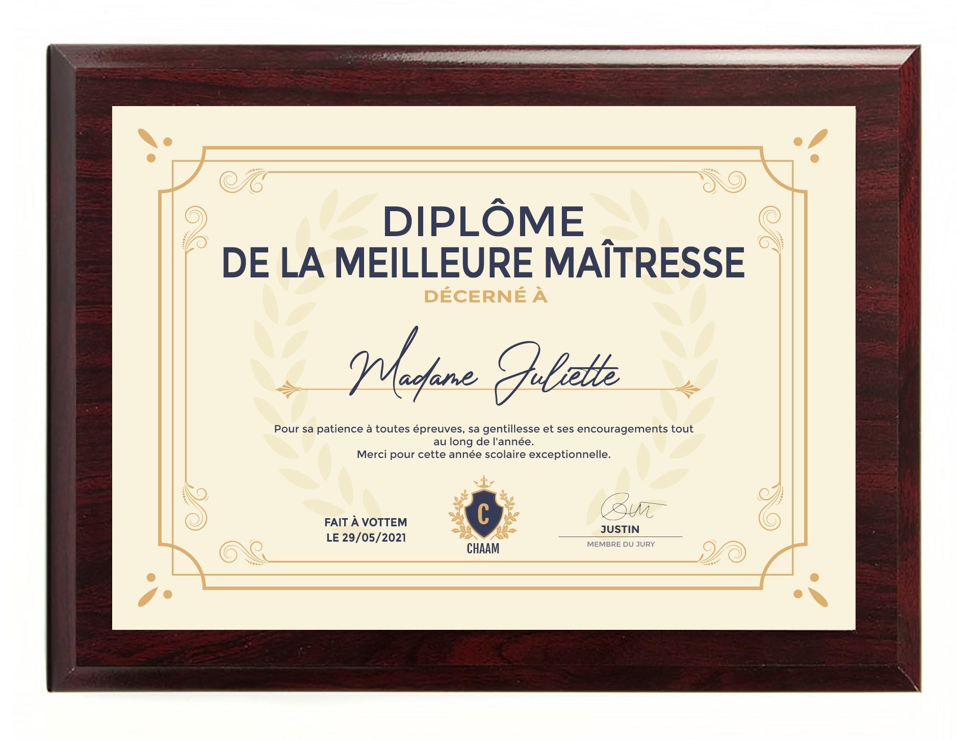 Diplôme meilleure maitresse d'école personnalisé de luxe avec tableau en bois acajou