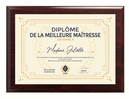 Diplôme meilleure maitresse d'école personnalisé de luxe avec tableau en bois acajou
