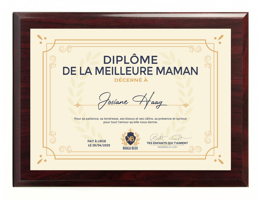 Diplôme personnalisé “Meilleure Maman” sur plaque aluminium avec support bois